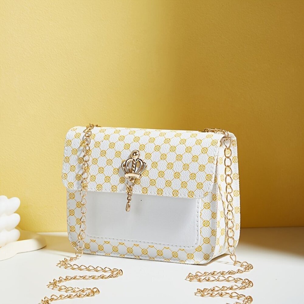 White Gold Crown Flap Crossbody Bag Chain Strap Evening Purse NWT